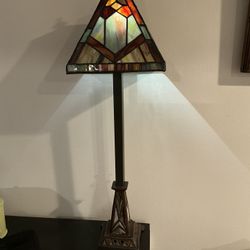 Stained Glass Lamp, Ying Long, Tiffany Style, Bronze 5 ••• Tone Metal 23" Tall Vintage