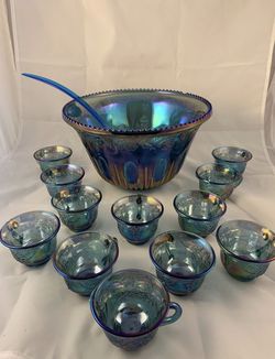 Vtg CARNIVAL GLASS Iridescent Blue Purple Grape Punch Bowl Set Cups w Laddle