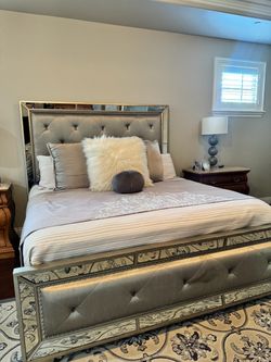 Mirrored Tufted Upholstered Cal King Bed Frame