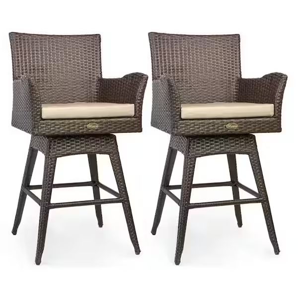Rattan Brown Crawford Swivel Wicker Outdoor Bar Stool Patio Set with Sunbrella Ivory Cushions (Set