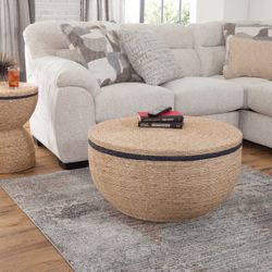 Round Seagrass Drum Coffee Table Ottoman with Storage