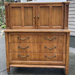 Vintage Highboy Dresser – Fluted Cabinet Doors, Burl Detail, Solid Wood