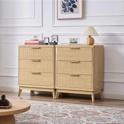 Set Of 2, 3 Drawer Dressers, Fluted Drawers & Golden Handles With Charging Outlet Stations  