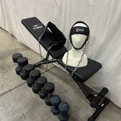 Exercise bench an weights and ball