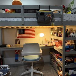  Loft Bed Twin , Grey with Desk, with 4-Storage Shelves, Under Bed Desk