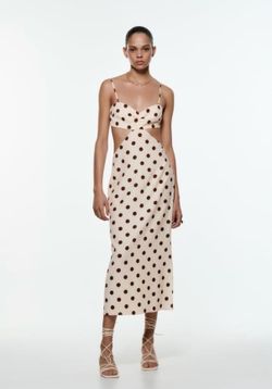 Zara Polka Dot Cut-Out Midi Dress (Ecru/Brown)