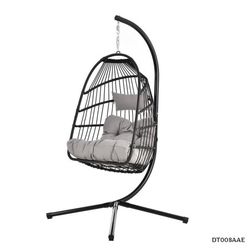 Black Metal Wicker Outdoor Swing Egg Chair with Gray Cushion and Pillow