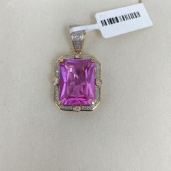 Charm 10k Yellow Gold With Micro Pavia diamonds And pink square stone