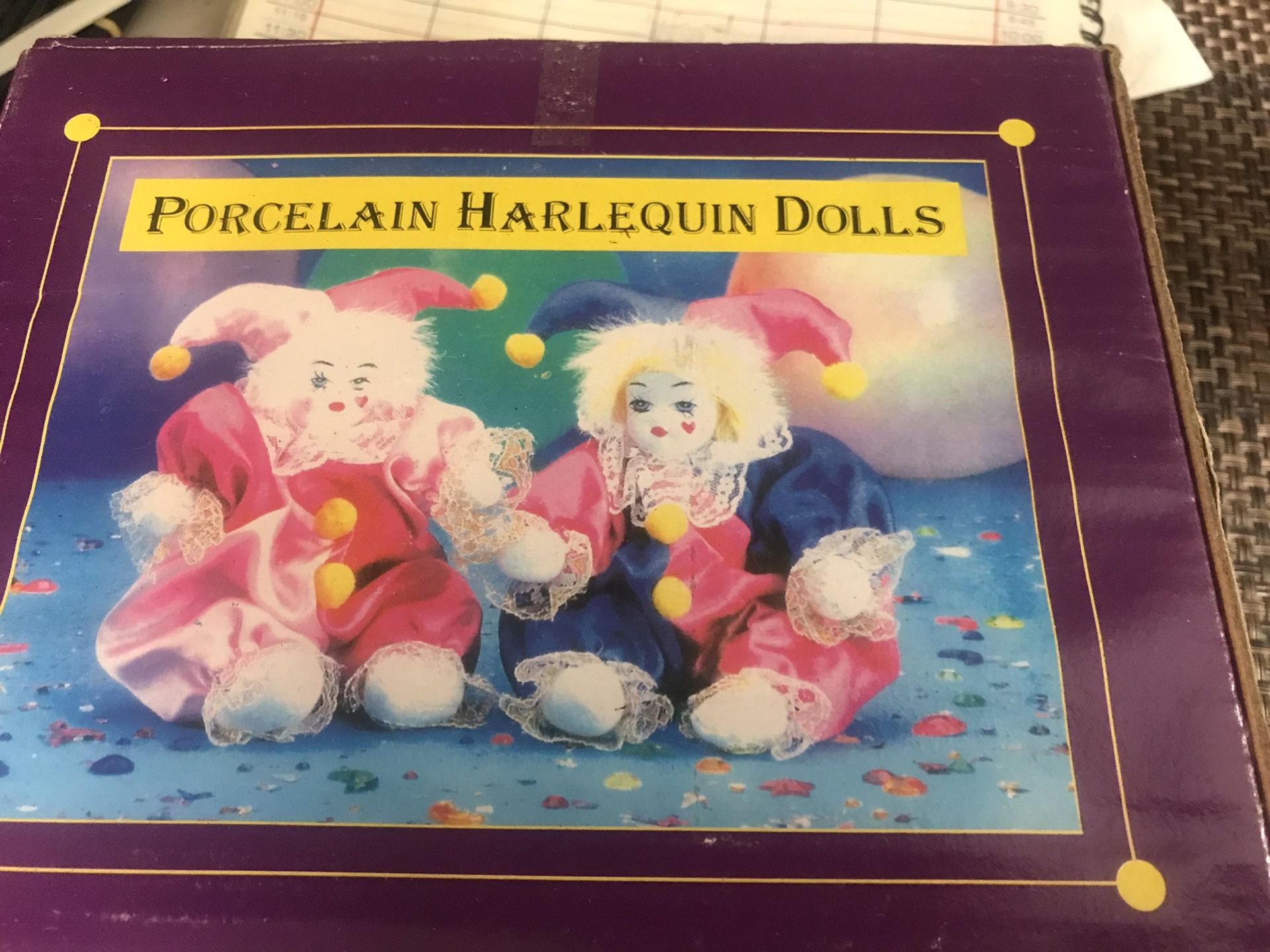 2 Jester Porcelain Harlequin Dolls