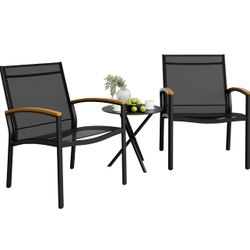 3 Pieces Patio Bistro Sets, Outdoor Textilene Fabric Conversation Bistro Set, Textilene Fabric Front Porch Chairs Small Patio Furniture Set with Table