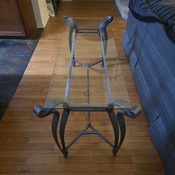 GLASS COFFEE TABLE AND END TABLE SET ON WROUGHT IRON BASE