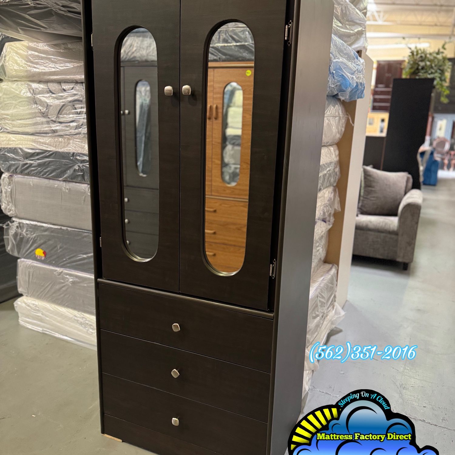New Dark Brown Expresso Wood Tall Closet Wardrobe With Mirror And Three Drawers 
