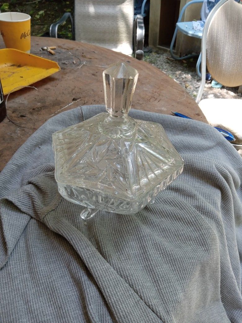 Vintage Cut & Etched Six Sided Covered Candy Dish With Three Feet!