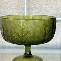 Vintage FTD Green Glass Pedestal Vase With Oak Leaf