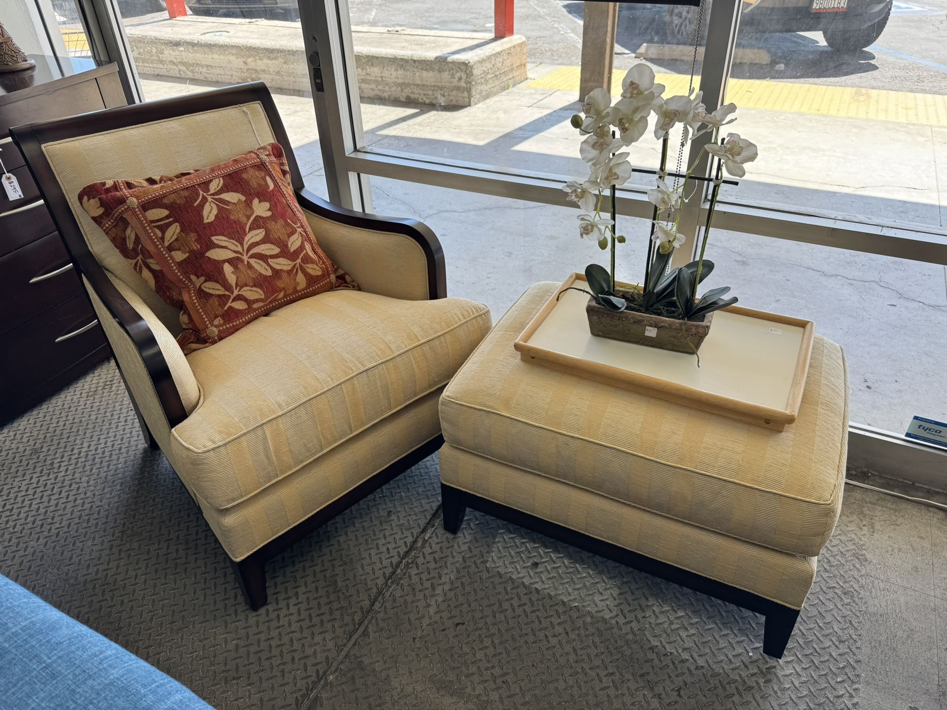 Fabric Chair with Wood Trim + Ottoman