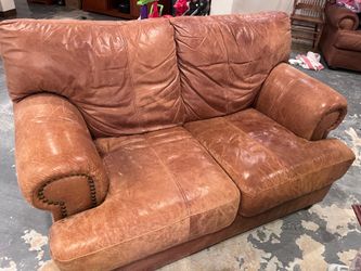 Top Grain Brown Leather Loveseat & Chair w/ Ottoman – Solid, Comfortable – Pickup Only
