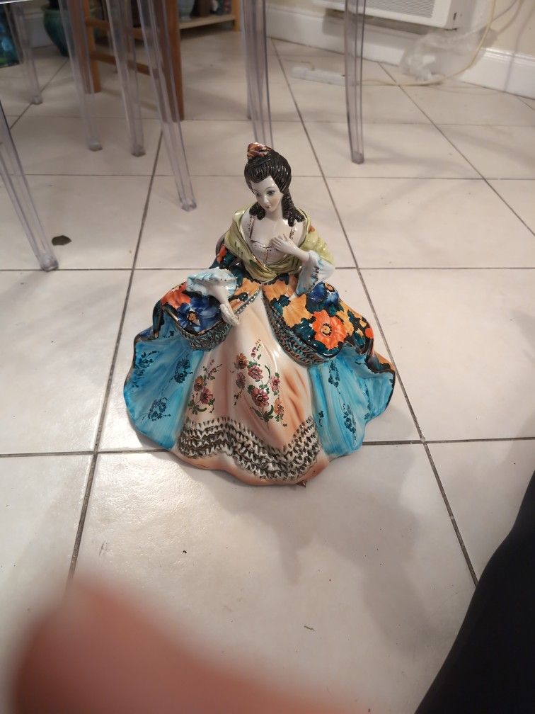 1930s Large Victorian Lady Figurine Sitting on Vanity Stool 15 Inches Tall and Wide