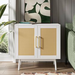 FH0010WH Sideboard Buffet Cabinet with Storage, Kitchen Buffet Cabinet with Rattan Doors and Adjustable Shelf, Small Storage Cabinet with Solid Wood F