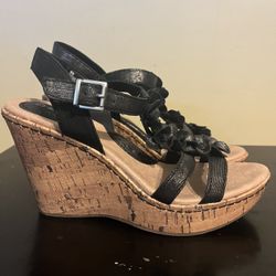 Women’s Black Buckle Cork Wedge Sandals