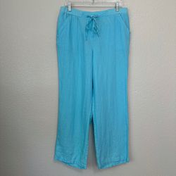 JM Collection 100% Linen Blue Drawsting Pull On Pants
