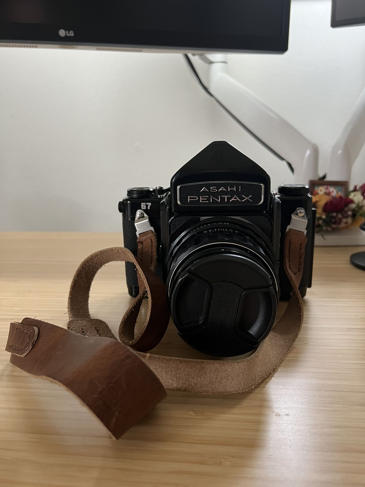 Pentax 6x7 Medium Format Camera, Leather Strap, Takumar 105 f2.4 Lens, Optional Light Meter