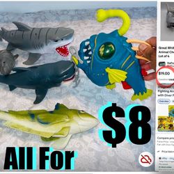 $8 lot Of 5 large 🦈 Sea Creatures Great White Shark,Angler Fish,🐟 rubber fish & 2 more Sharks