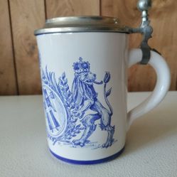 Vintage German Blue White Lions Crown Decorated Beer Stein