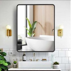 0829: BRAND NEW Movo 24 Inch x 30 Inch Black Metal Framed Bathroom Mirror Medicine Cabinet Rectangle Tilting Beveled Vanity Mirrors Recess or Surface 