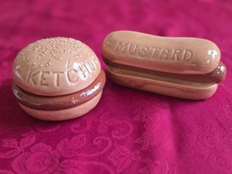 Vintage Ceramic Ketchup and Mustard Condiment Holders SIGNED