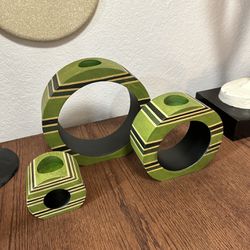 Vintage Wooden Nesting Circles Tea Candle Holders | Green with Stripes