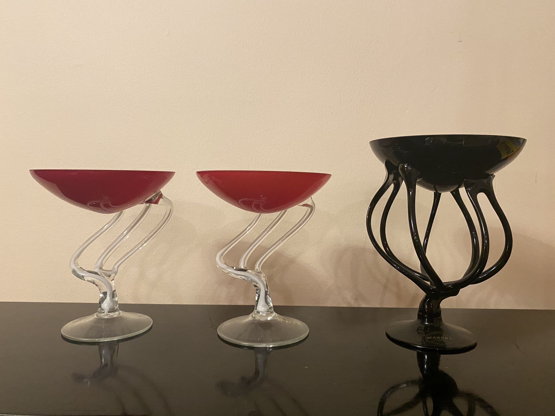 Makora Handmade Candy dish and Martini glasses, 3 pieces