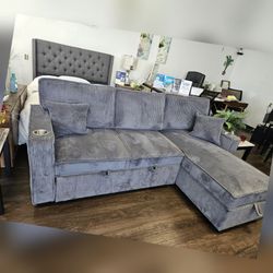 Dark Gray corduroy sectional pullout bed w/ cup holders