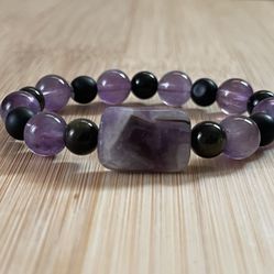 .Natural Charged Amethyst,obsidian,onyx Bracelet (known For; Master Healer, Calm Emotions, Release Negativity,protection,reduce Stress)