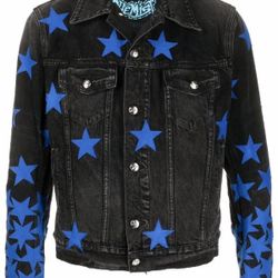 AMIRI Black Denim “Chemist Star Trucker” Jacket w Blue Stars