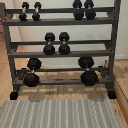 3-tier dumbbell Rack and hex dumbbells.
