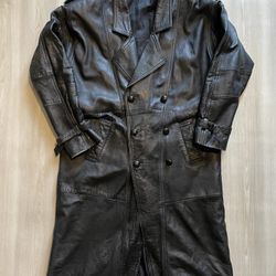 Vintage 80s 90s Long Bomber Leather Trench Coat Belted Goth Retro Sz M