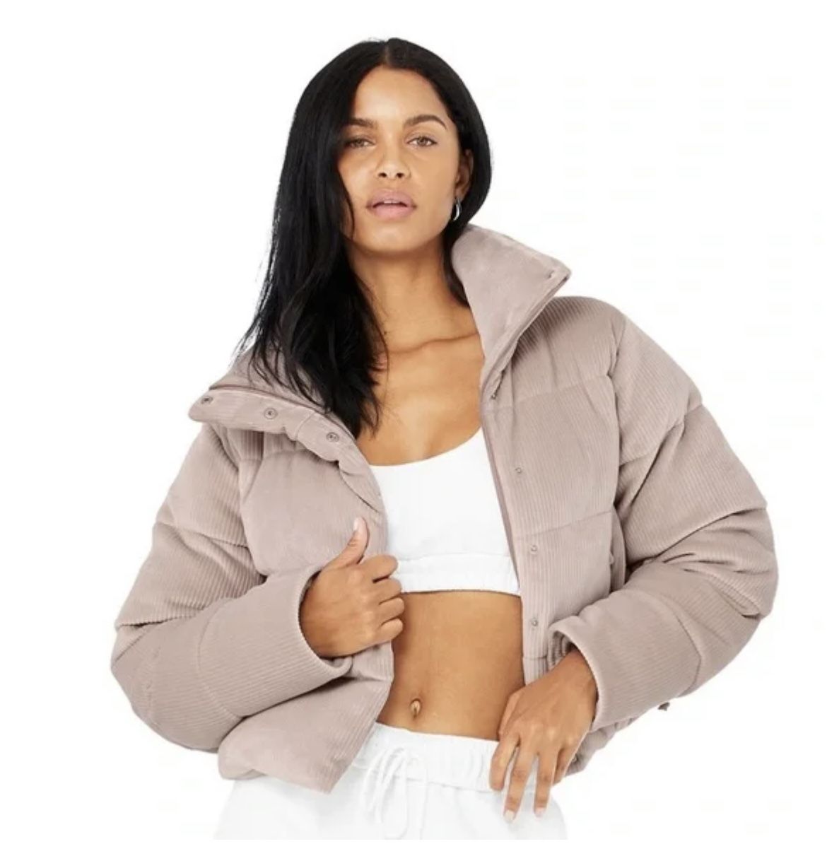 Alo Yoga Cropped Ribbed Velour Gold Rush Puffer Jacket Coat Dusty Pink X Small