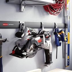 Assortment Of Rubbermaid Fasttracks, Hooks, And Shelves