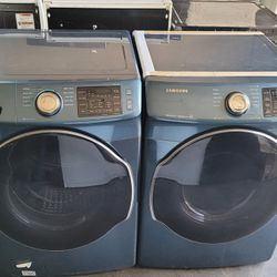 Samsung Front Load Washer And Stackable Gas Dryer Set In Blue