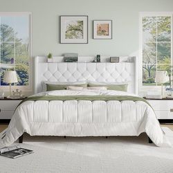 King Size Platform Bed Frame with Charging Station, Velvet Wingback