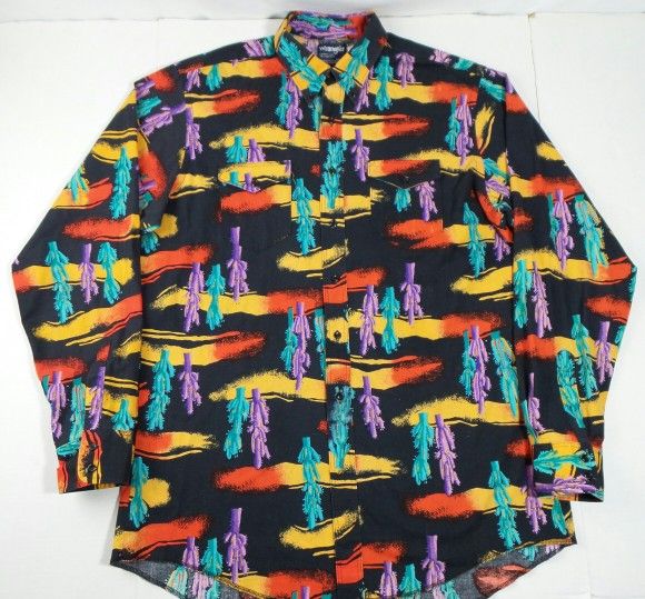 Vintage Wrangler Cowboy Cut Aztec Cactus Print Button Up Shirt Size Men's XLT
