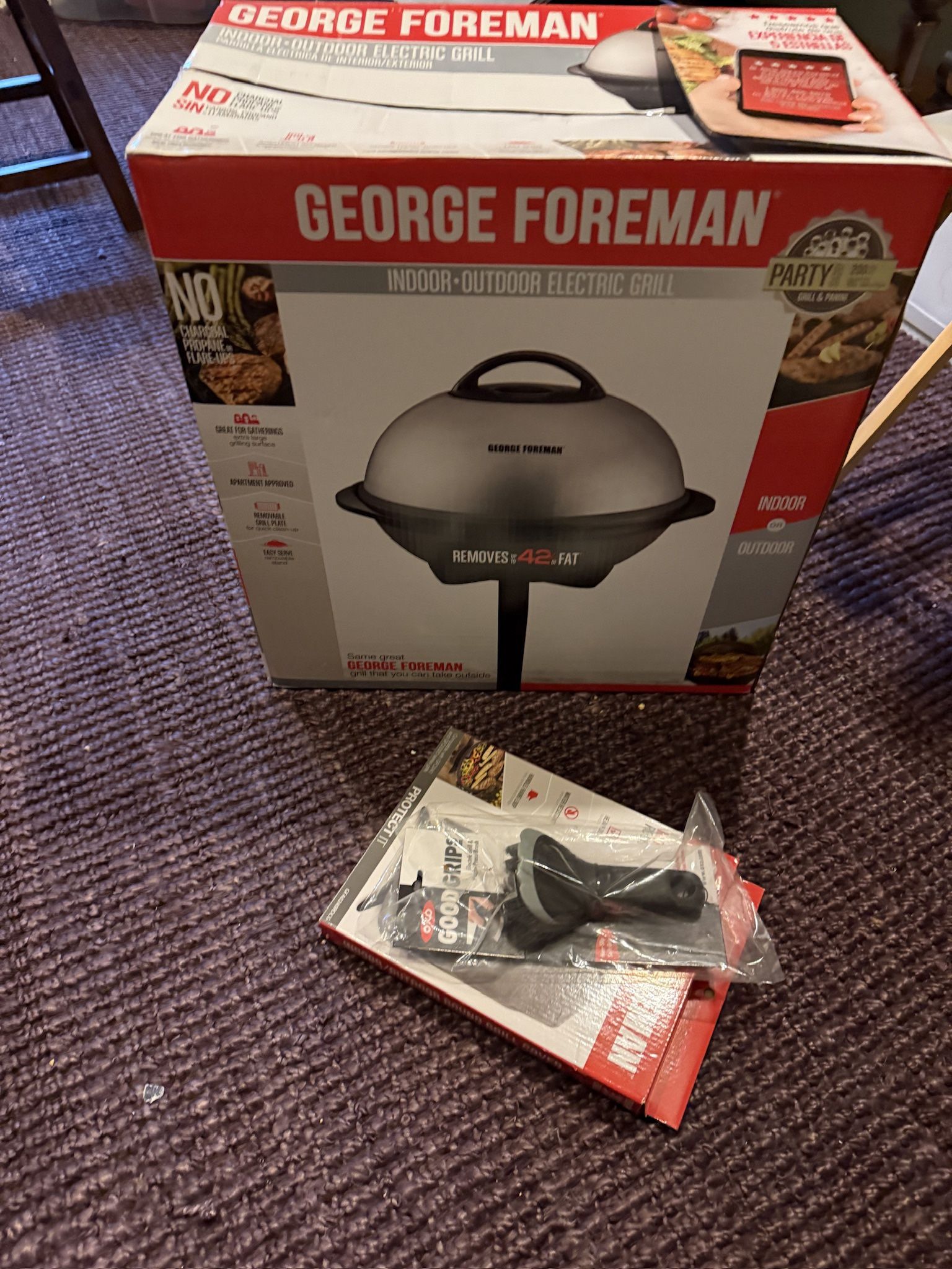 george forman out door electric grill, cover, tool Brand New!