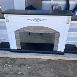 Descripción Shelf, White TV Stand for TVs up to 90", Entertainment Center with Storage, Stacked Stone Surround, 30" Fireplace Insert (fireplace not in