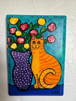 Original painting on wood for cats lovers. Ready to hang. Signed. Coral Gables. 7” x 9”