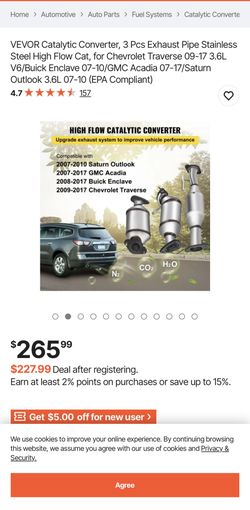 VEVOR Catalytic Converter, 3 Pcs Exhaust Pipe Stainless Steel High Flow Cat, for Chevrolet Traverse 09-17 3.6L V6/Buick Enclave 07-10/GMC Acadia 07-17