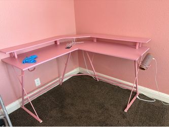 Pink L-Shaped Gaming Desk w/ LED Lights & Built-in Power Outlet