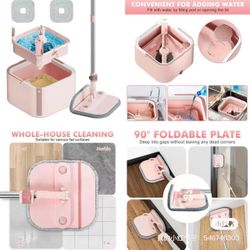 Square Spin Mop and Bucket Set with Self Separation Dirty and Clean Water System,Self Wringing 360° Rotating Mops Head for Home Floors Cleaning (2.0 m
