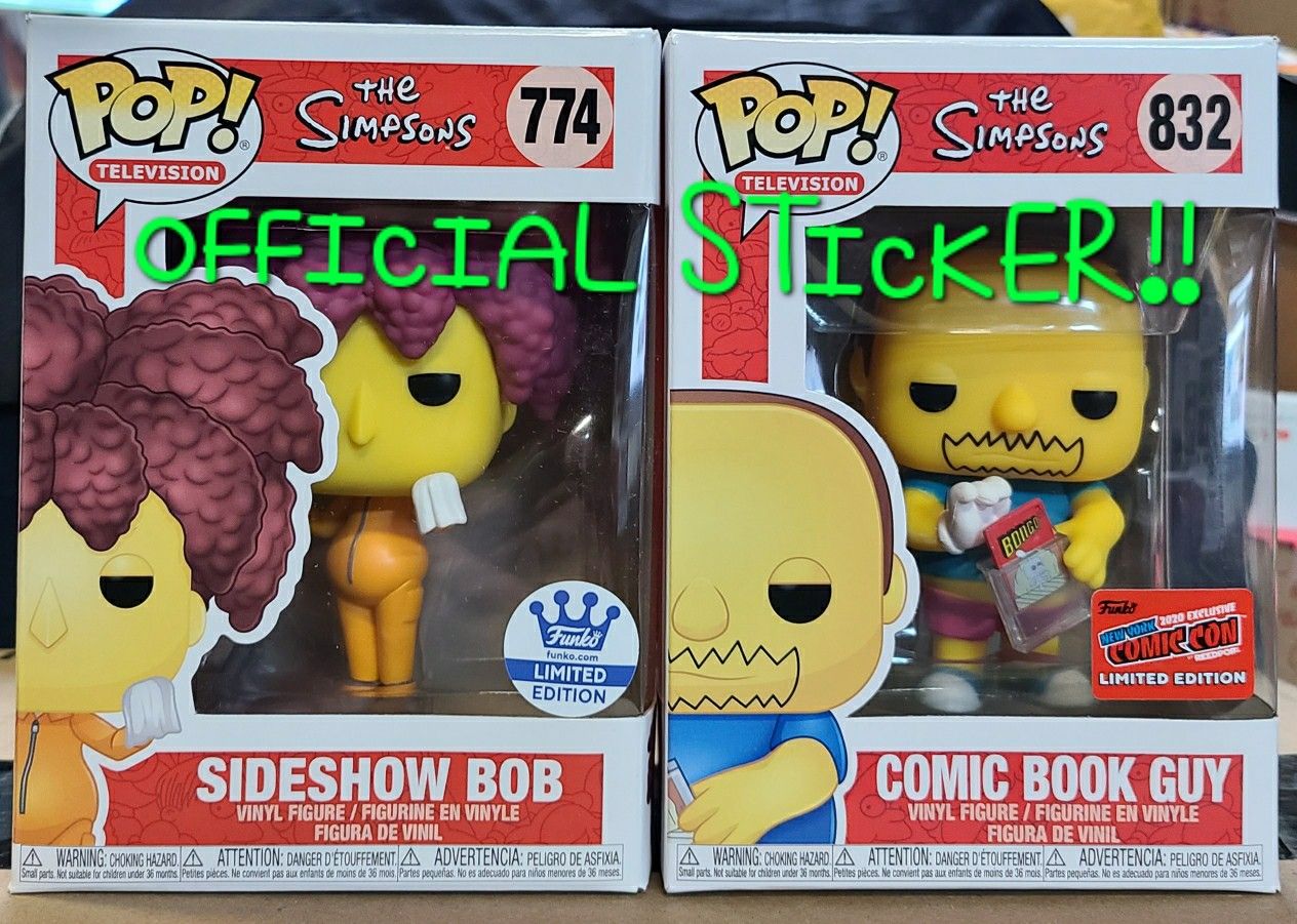 FUNKO: SIDESHOW BOB & COMIC BOOK GUY (EXCLUSIVE BUNDLE) **OFFICIAL '20 NYCC STICKER** 🔥 (PERFECT CONDITION/INCLS PROTECTORS) *AVAILABLE*