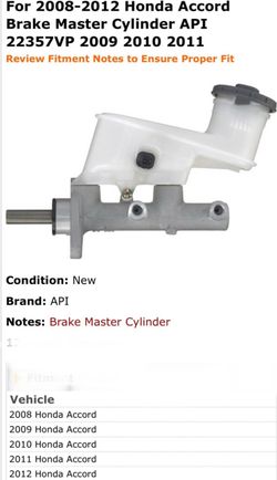 For 2008-2012 Honda Accord Brake Master Cylinder API 22357VP 2009 2010 2011