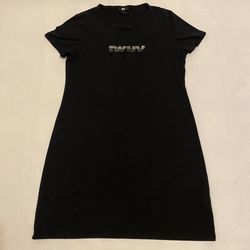 DKNY Black w/Sequins Logo Stretch T-Shirt Dress Women's Size L